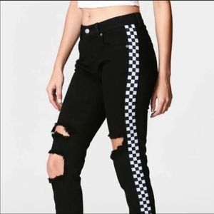 LF Carmar Racing Stripe Black Ripped Distressed Ankle Jeans Skinny Straight